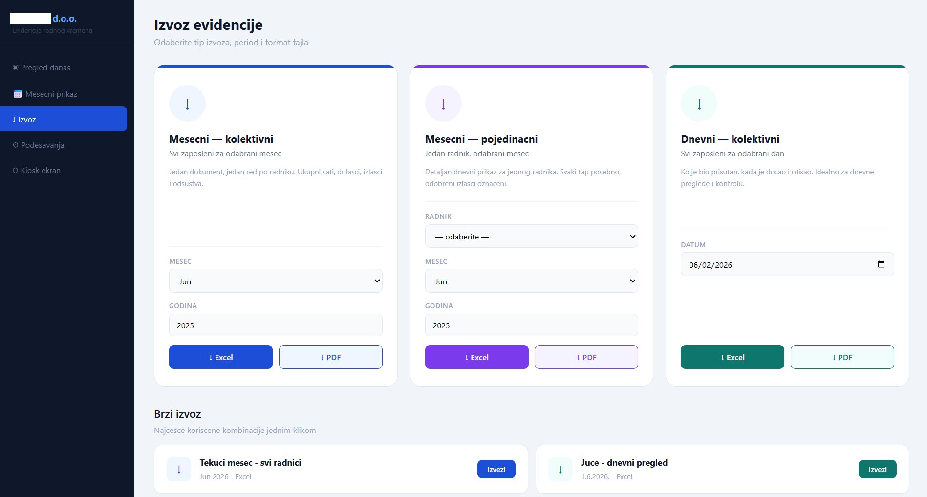 WorkTap — Izvoz evidencije